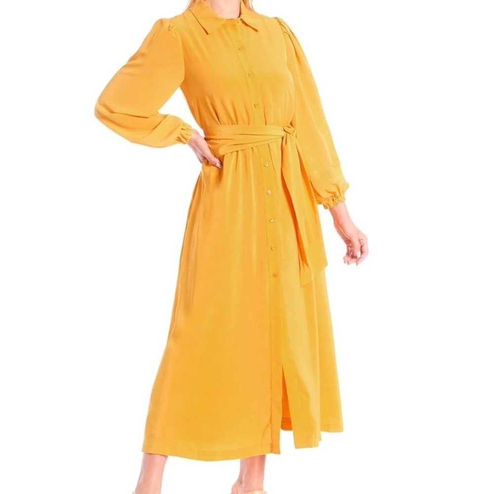 LDT Lantern Button Down Collar Puff Long Sleeve Midi Gwen Shirt Yellow Dress 6